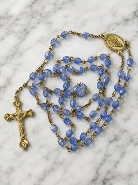 Vintage Catholic Rosary Faceted Light Blue Bead Metal Ornate Crucifix Pouch